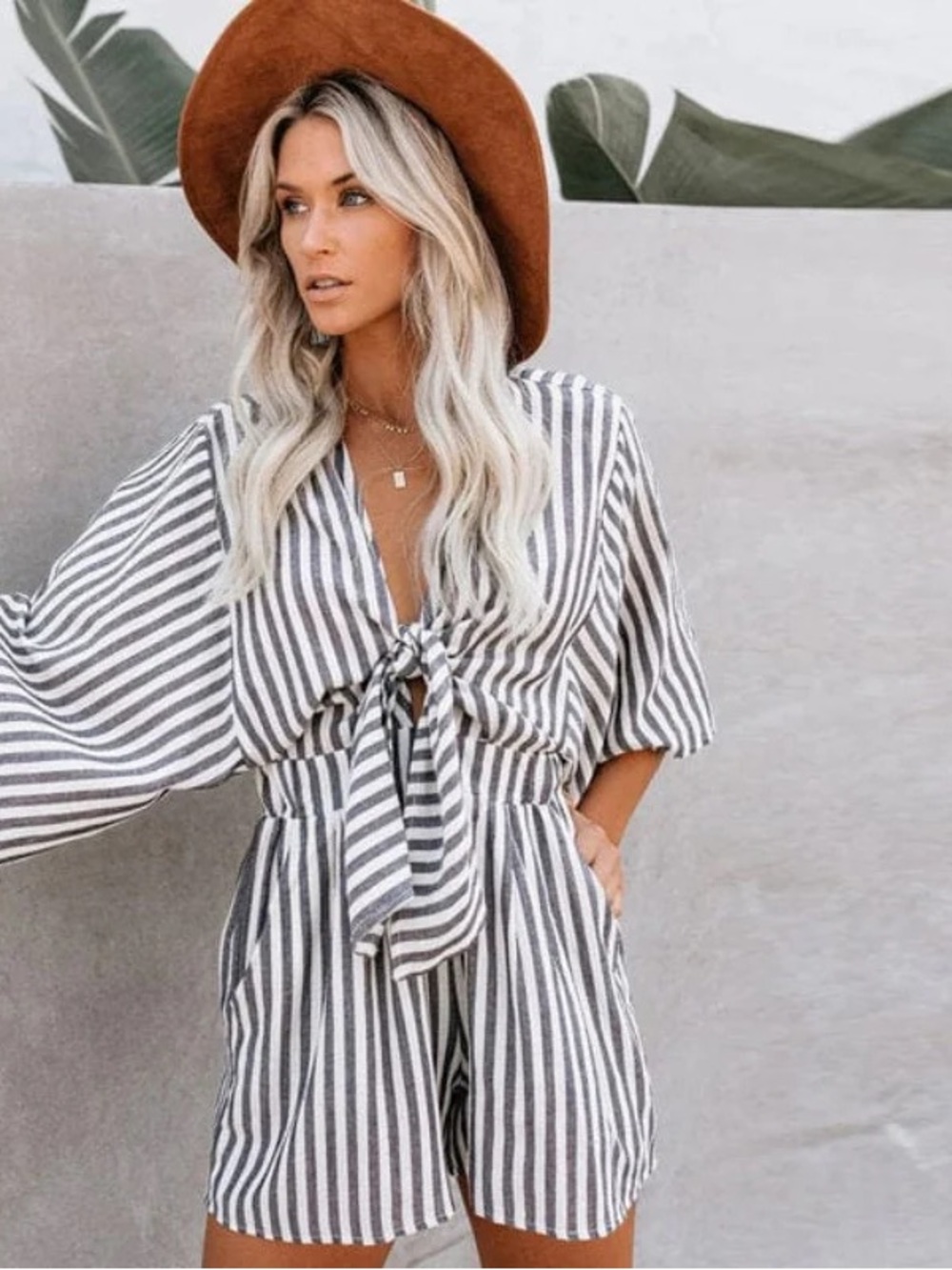 FLAWLESS Striped Tie-Front Romper in Black & White